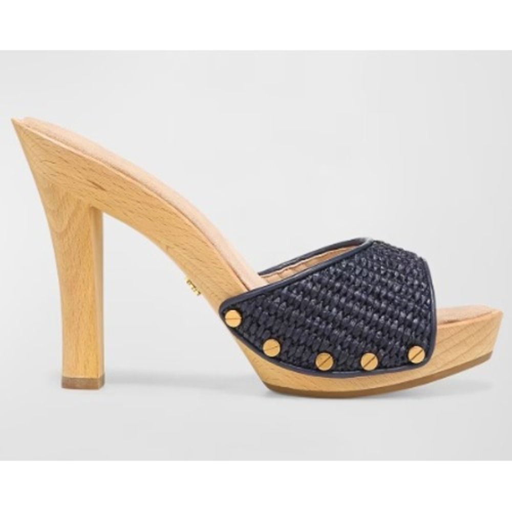 Veronica Beard Layne Navy Woven Raffia Wooden Platform Clog Mules 8.5M